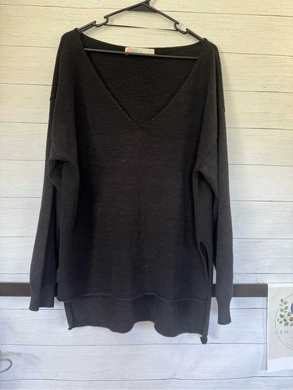 Free People FP Beach Oversized Black Linen Blend V-Neck Sweater M Boho Coastal